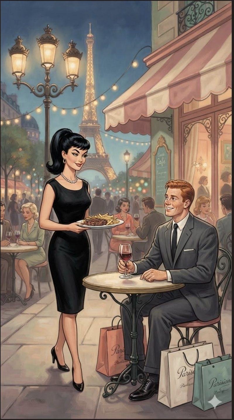 AIDA, the AIDA Job Services mascot, serving a client at a Paris café table near the Eiffel Tower